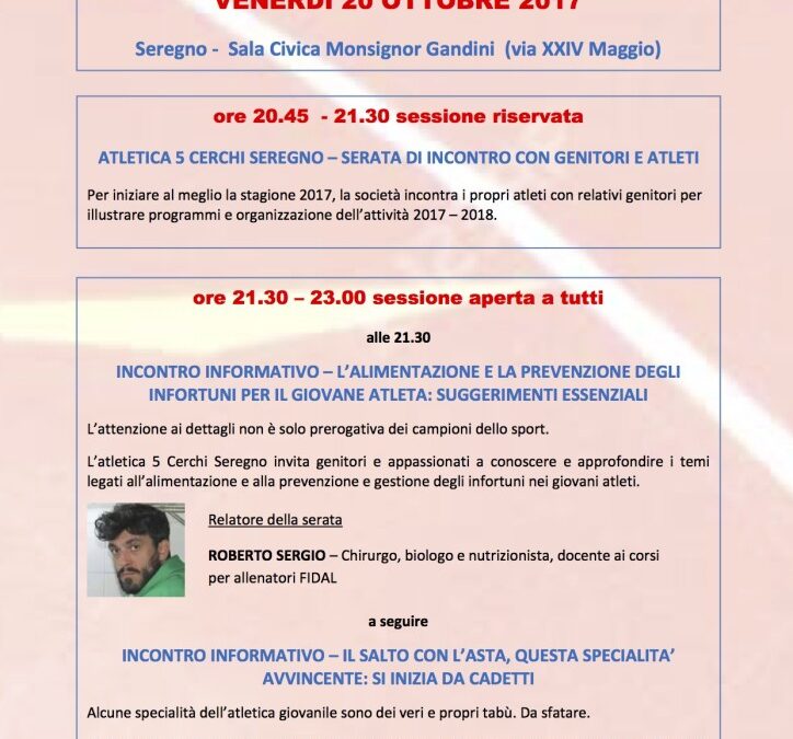 Serata di incontro genitori/atleti – venerdì 20 ottobre dalle ore 20.45